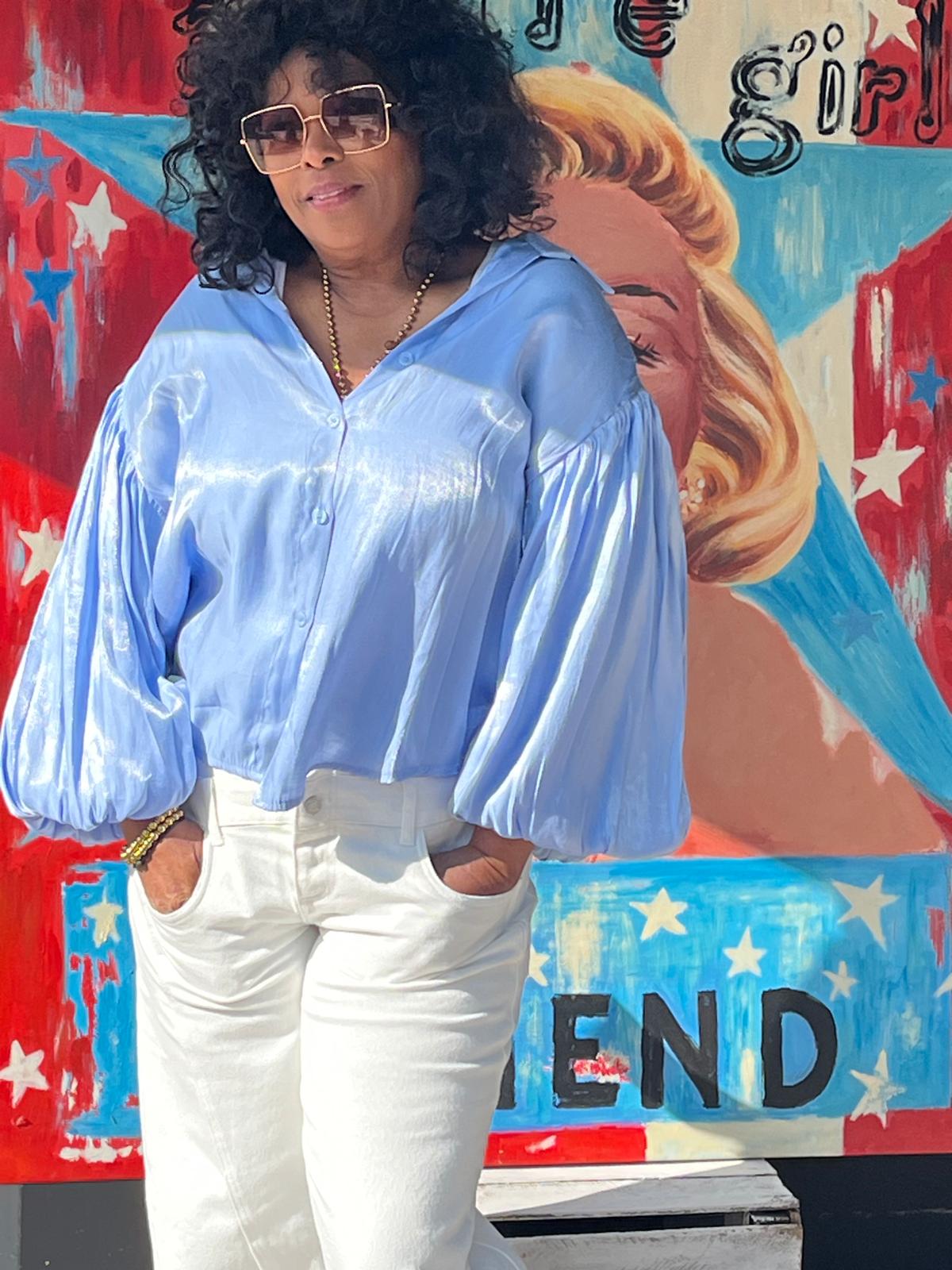 Glitter blouse met pofmouwen